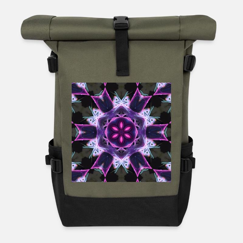 Neon Mandala Kaleidoscope - Roll Top Backpack - olive/black
