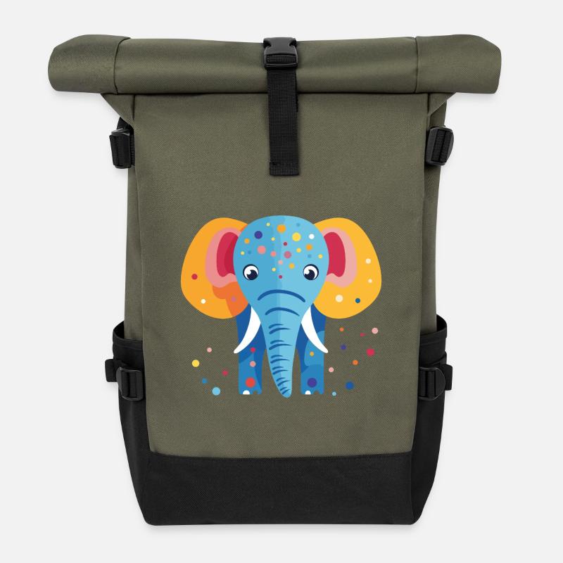 Bunter Elefantenkonfetti - Rolltop Rucksack - Olive/Schwarz