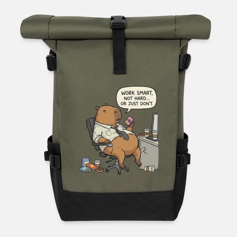 Capybara Biber am Arbeitsplatz: Faul statt Arbeit - Rolltop Rucksack - Olive/Schwarz