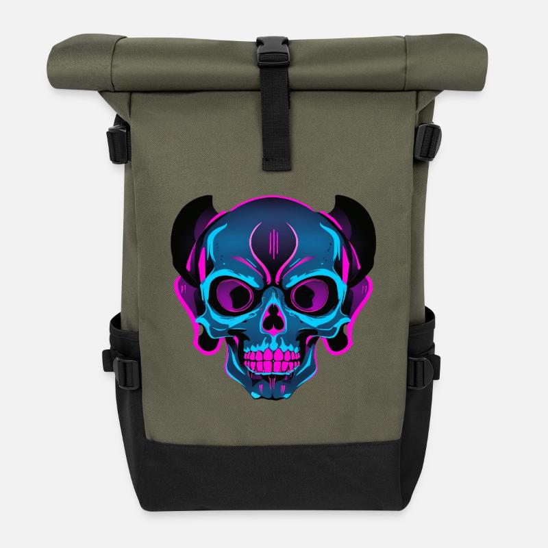 Neon Skull mit Kopfhörern - Rolltop Rucksack - Olive/Schwarz