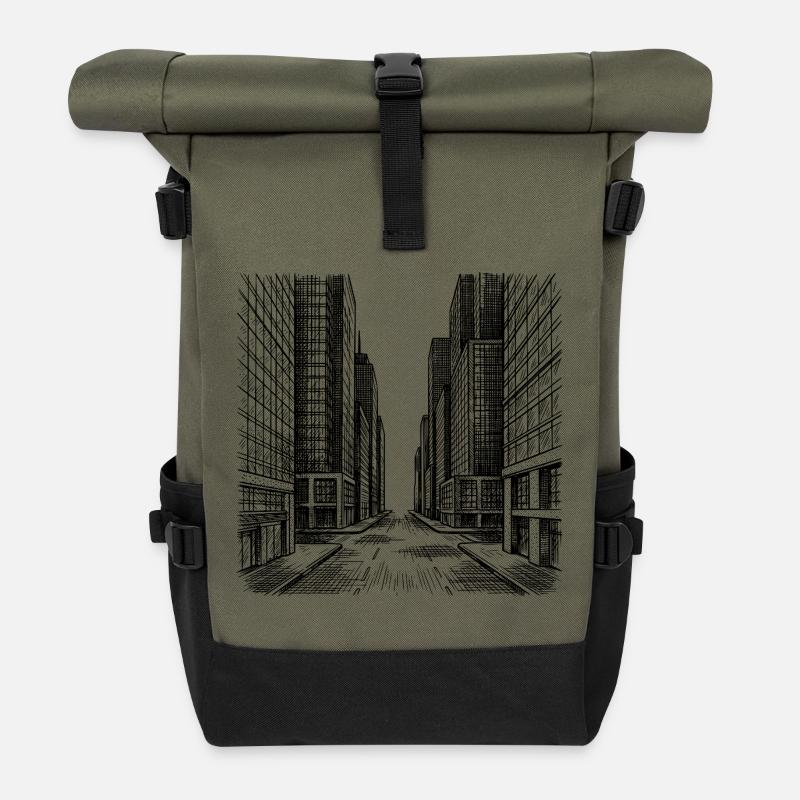 Moderner Straßenzug - Rolltop Rucksack - Olive/Schwarz