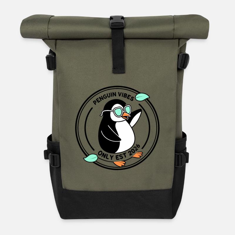 Schwarzer Pinguin in Mint-Brille 2026 - Rolltop Rucksack - Olive/Schwarz