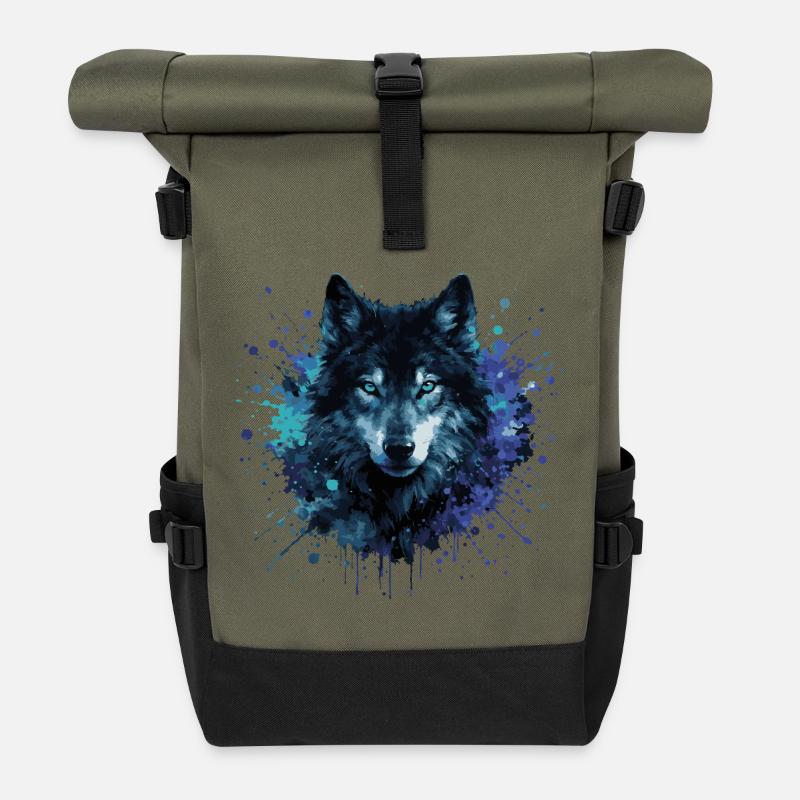 Wolf Aquarell – Color Splash - Rolltop Rucksack - Olive/Schwarz