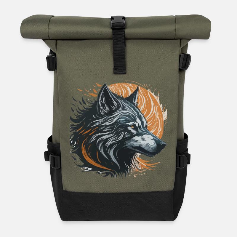 Schwarzer Wolf unter dem goldenen Mond - Rolltop Rucksack - Olive/Schwarz