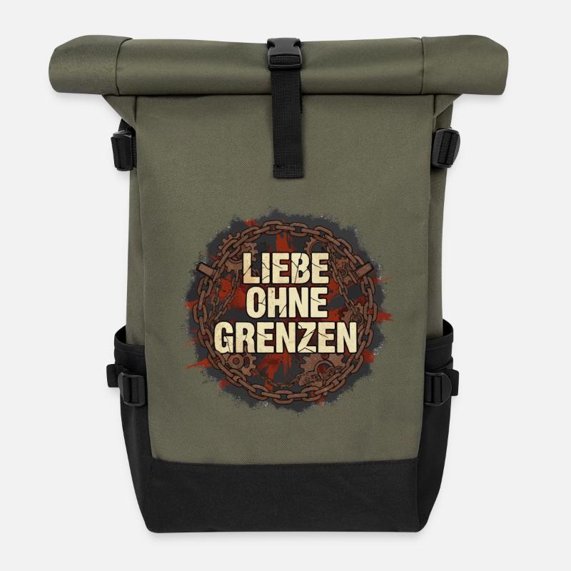 Liebe Ohne Grenzen Grunge Kette - Rolltop Rucksack - Olive/Schwarz