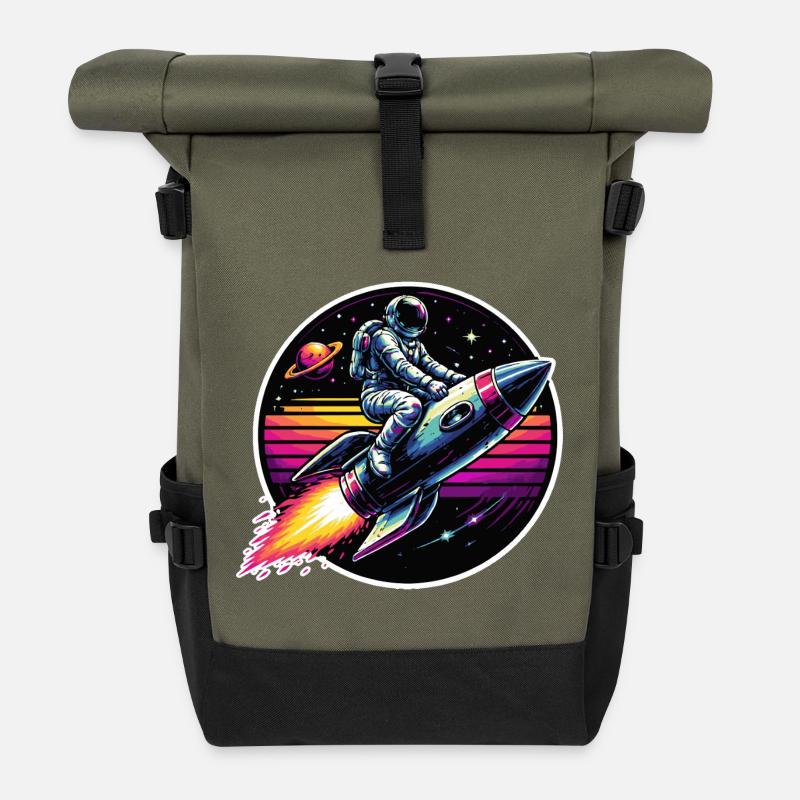 Astronaut on rocket in retro sunset - Roll Top Backpack - olive/black