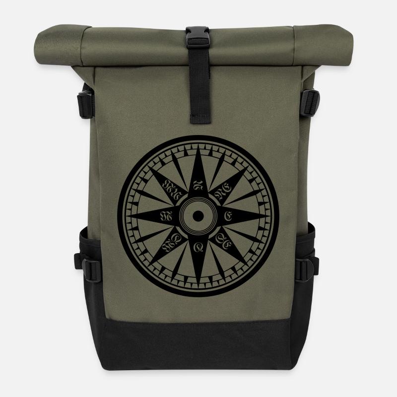 Kompass / Compass – Windrose, Schiffskompass - Rolltop Rucksack - Olive/Schwarz