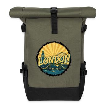 London City Skyline Tower Bridge Retro-Abzeichen - Rolltop Rucksack - Olive/Schwarz - Vorne