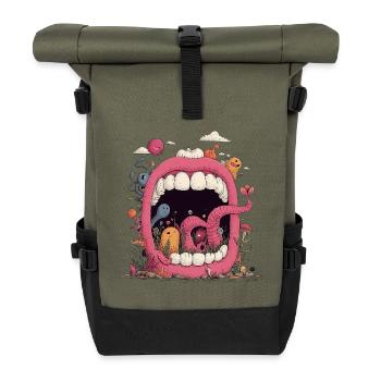 Pinke Mundwelt mit Kreaturen - Rolltop Rucksack - Olive/Schwarz - Vorne