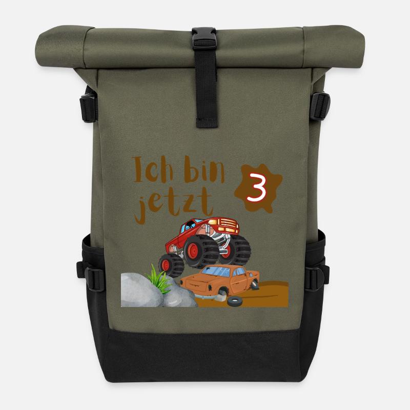 Ich bin jetzt 3 – Monstertruck Geburtstag Shirt - Rolltop Rucksack - Olive/Schwarz