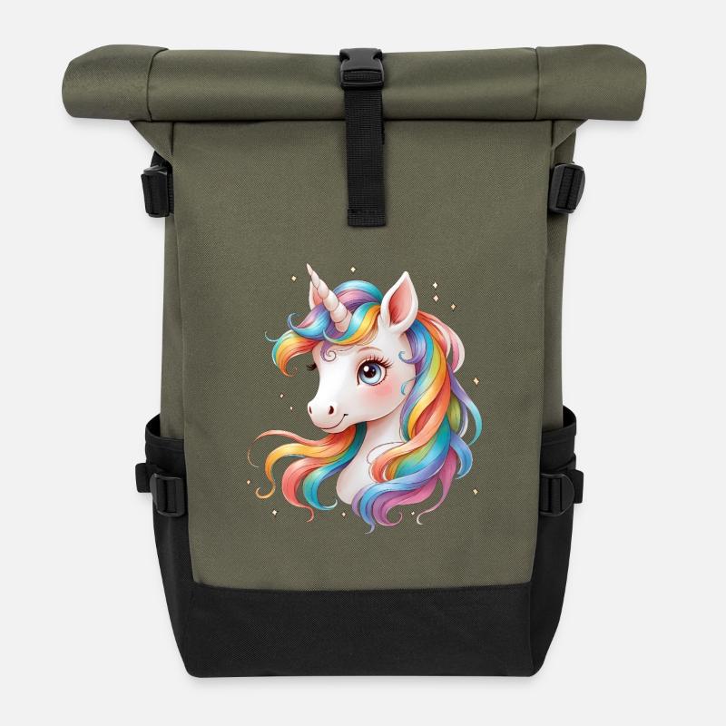 Regenbogen Einhorn - Cute Rainbow Unicorn - Rolltop Rucksack - Olive/Schwarz