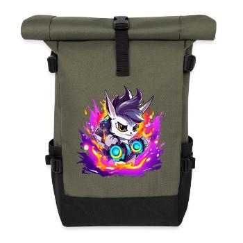 Neon DJ Häschen mit Flammenfarben - Rolltop Rucksack - Olive/Schwarz - Vorne