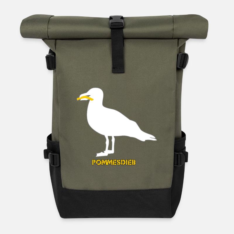 Pommesdieb Möwe - Weiß - Rolltop Rucksack - Olive/Schwarz