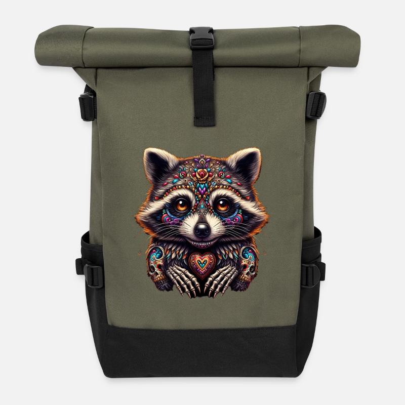 Waschbär am Dia de los muertos - Rolltop Rucksack - Olive/Schwarz
