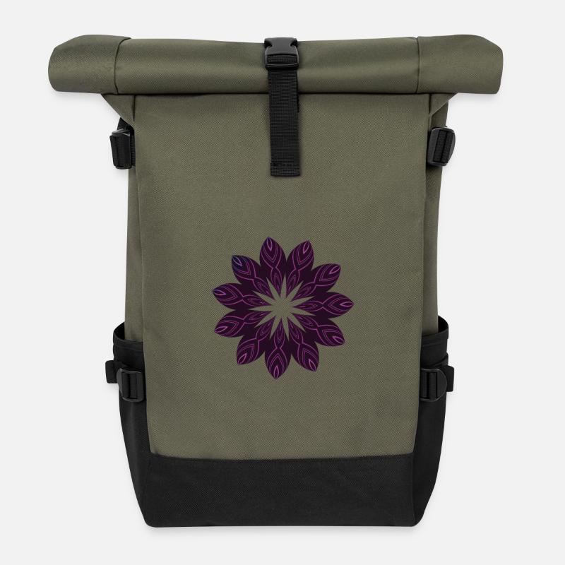 Dark Purple Mandala Flower - Roll Top Backpack - olive/black