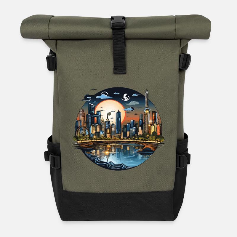 Abendsonnenstadt Skyline CirkelDesign - Rolltop Rucksack - Olive/Schwarz
