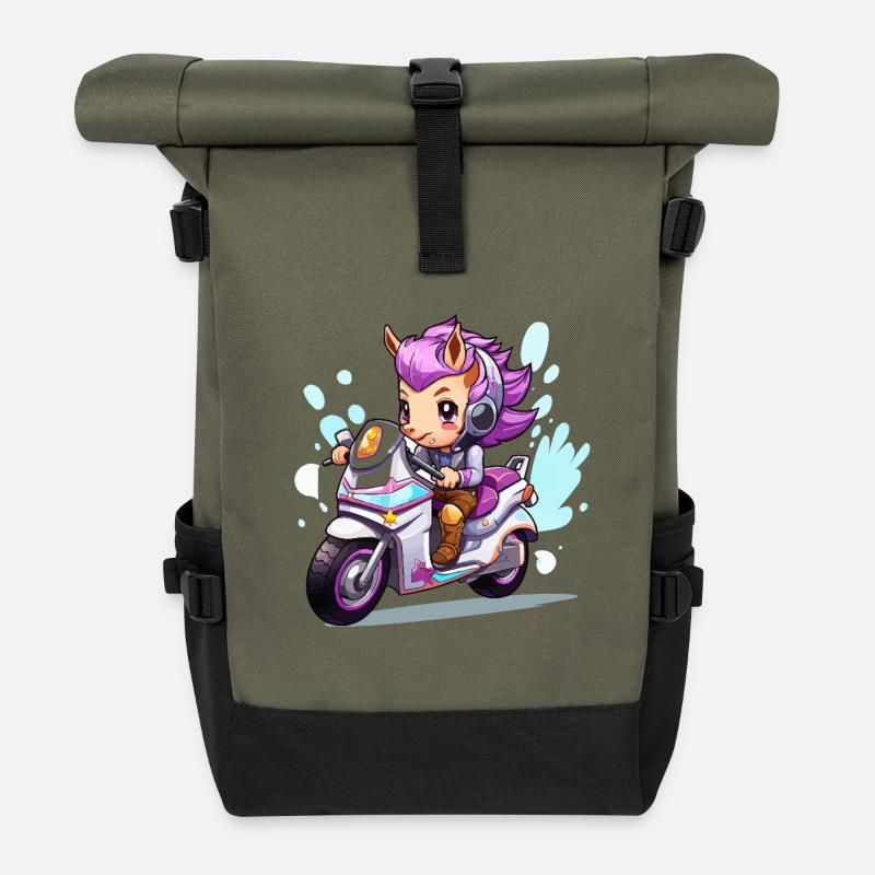 Chibi Motorcycle Heroine - Roll Top Backpack - olive/black