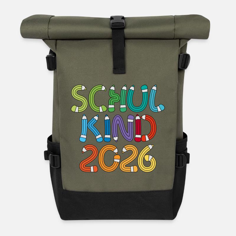 Schulkind 2026 Schule Einschulung Schulanfang - Rolltop Rucksack - Olive/Schwarz