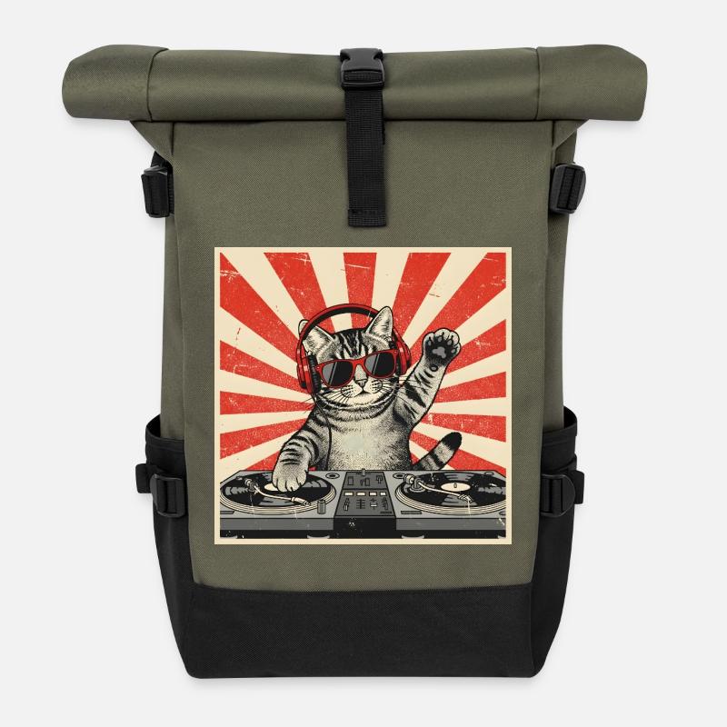 Katzen-DJ Retro Pop Art - Rolltop Rucksack - Olive/Schwarz