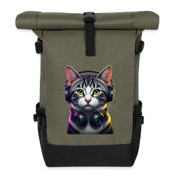 KatzenDJ Neon Kopfhörer Music lover cat - Rolltop Rucksack - Olive/Schwarz - Vorne