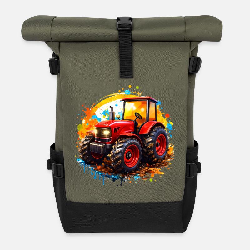 Roter Traktor mit Farbspritzern  - Rolltop Rucksack - Olive/Schwarz