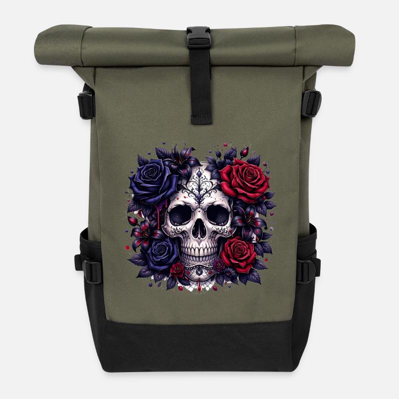 Gothic skull with roses - Roll Top Backpack - olive/black