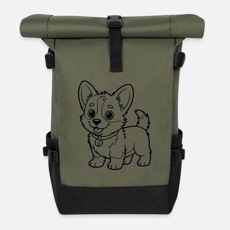 Small Chow Pup Line Drawing - Roll Top Backpack - olive/black