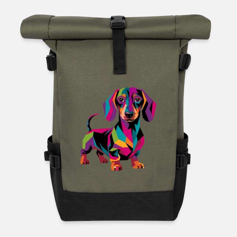 Colorful Geometric Dachshund Dog - Roll Top Backpack - olive/black