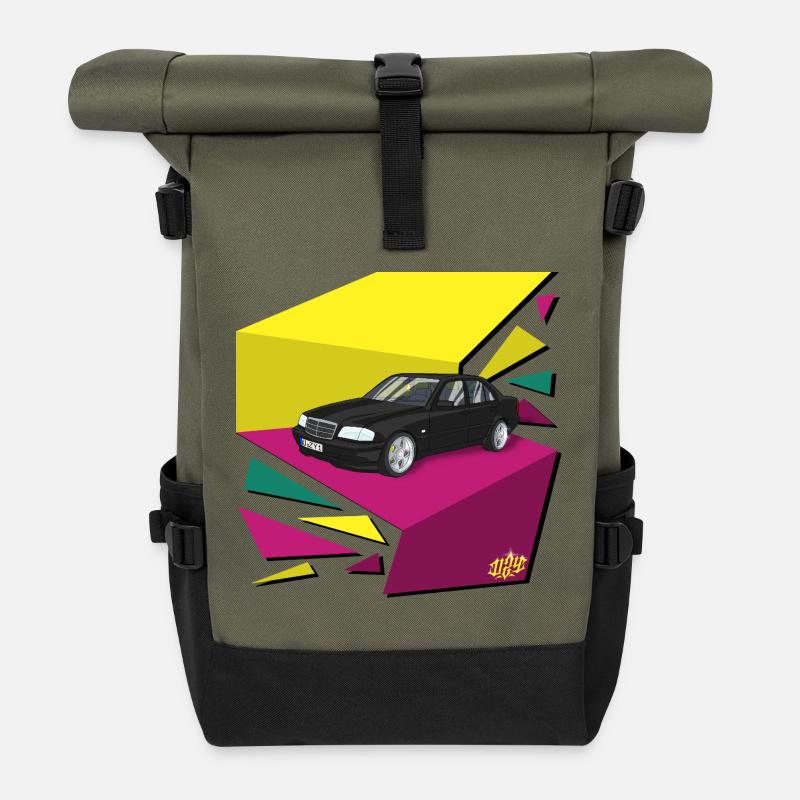 Black Cart Neon Geometry - Roll Top Backpack - olive/black