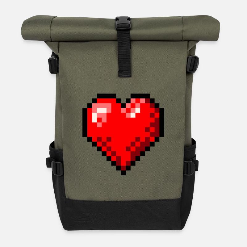 Pixel Art Retro Single Heart - Roll Top Backpack - olive/black