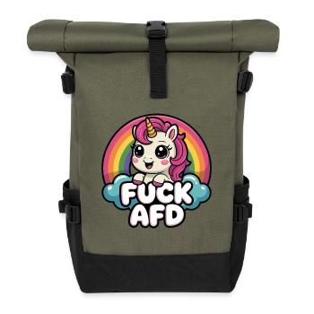 Fuck AFD - Antifa Einhorn Tee - Rolltop Rucksack - Olive/Schwarz - Vorne