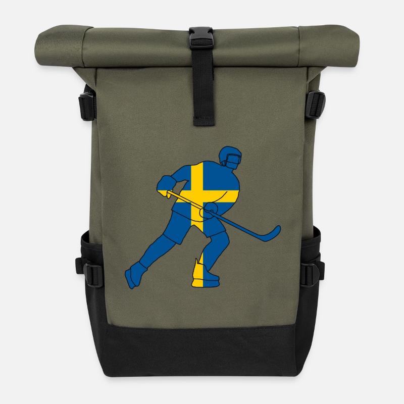 Eishockeyspieler mit schwedischer Flagge - Rolltop Rucksack - Olive/Schwarz