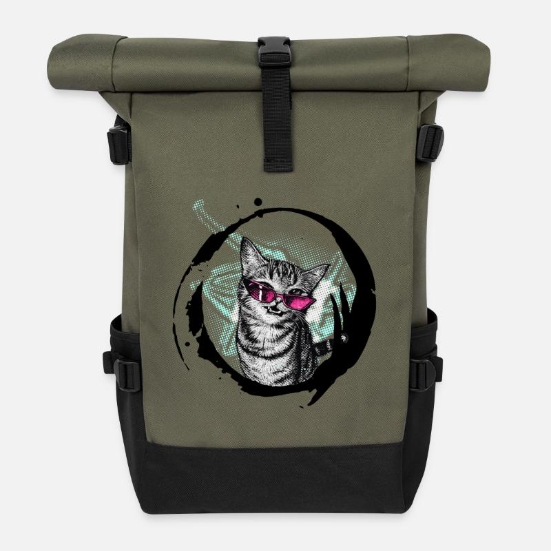 Coole Katze – Pinke Sonnenbrille Retro Kunst Kombo - Rolltop Rucksack - Olive/Schwarz