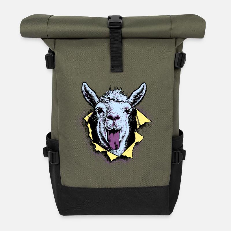 Lama Pop Art – Freche Zunge Illustration - Rolltop Rucksack - Olive/Schwarz