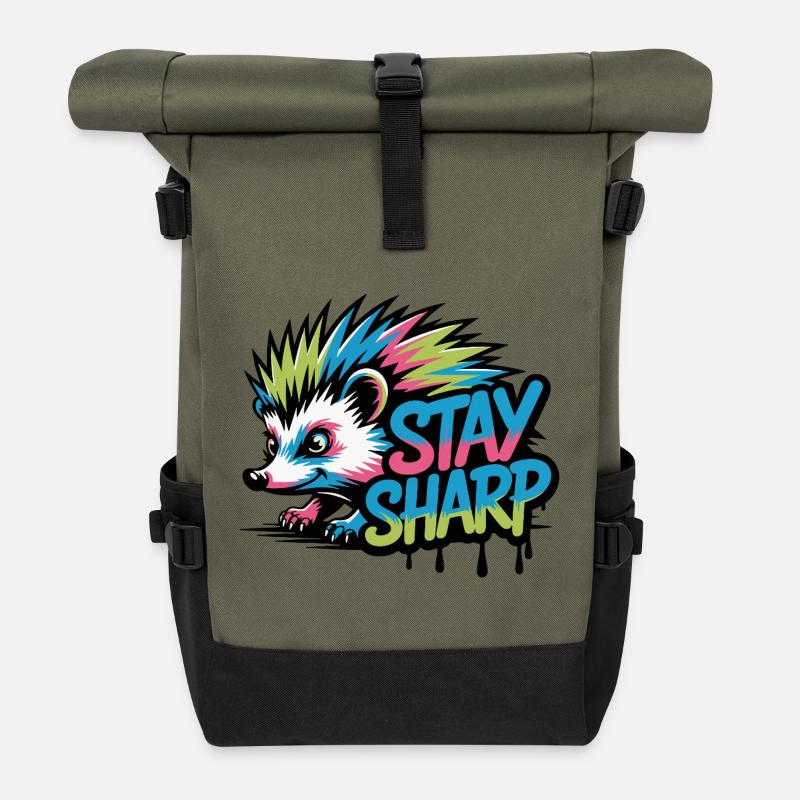 Stay Sharp Hedgehog Neon - Roll Top Backpack - olive/black