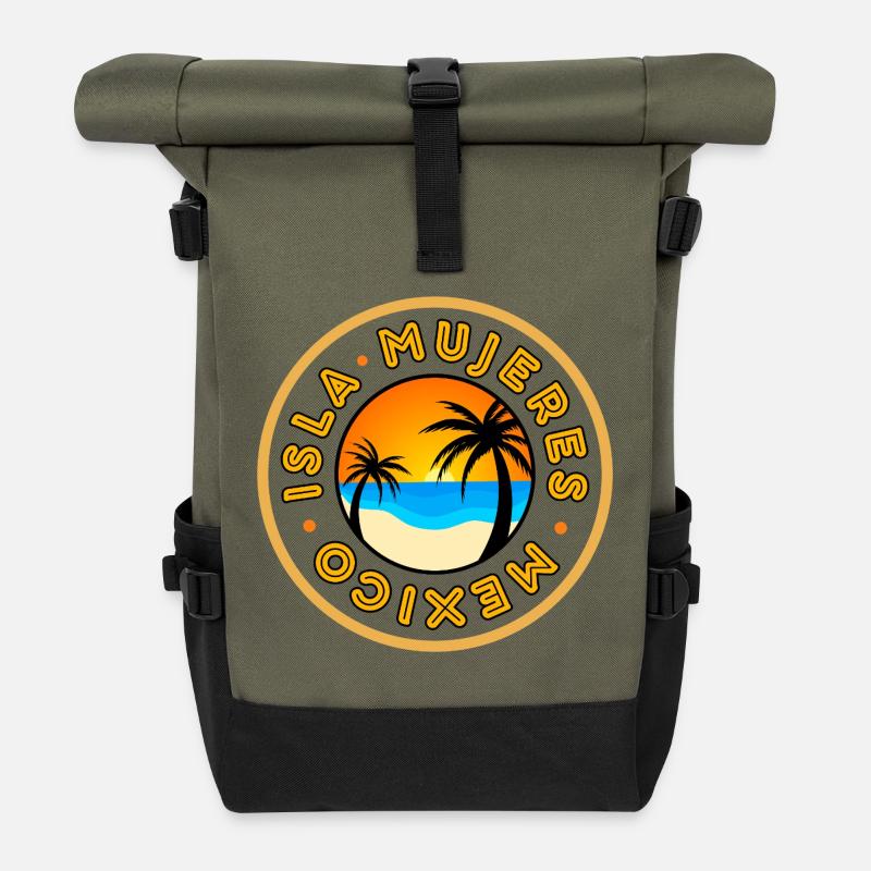 Isla Mujeres Sunset Palm Badge - Roll Top Backpack - olive/black