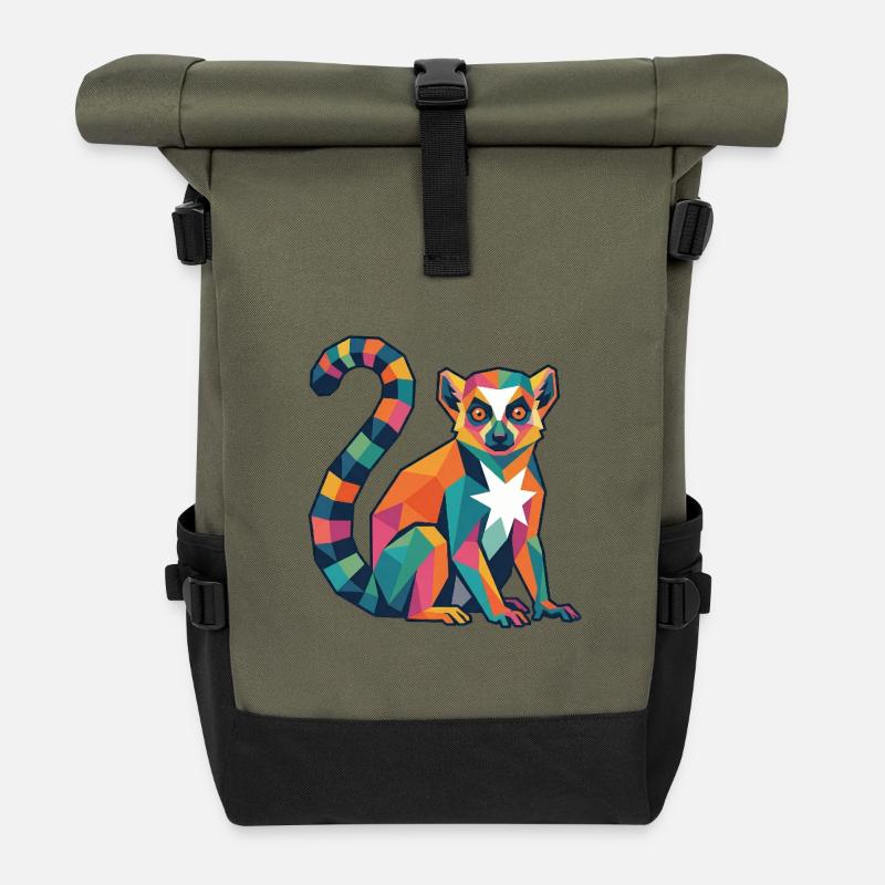 Colorful Lemur Design - Roll Top Backpack - olive/black