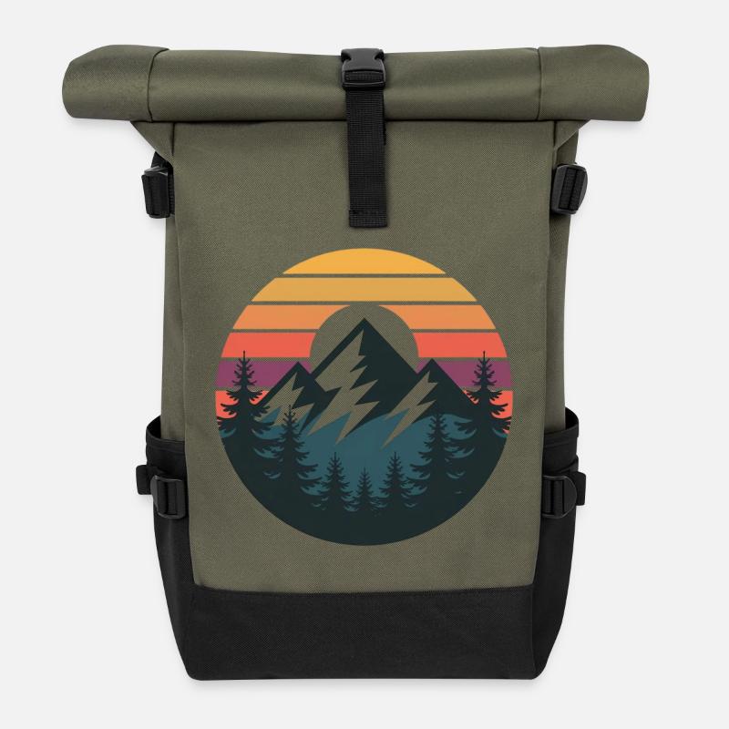 Sonnenuntergangsberge Waldsilhouette - Rolltop Rucksack - Olive/Schwarz