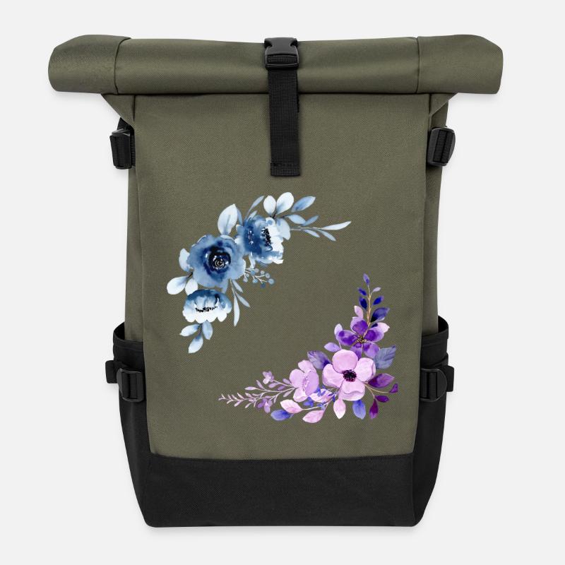 2 floral bouquets - Roll Top Backpack - olive/black