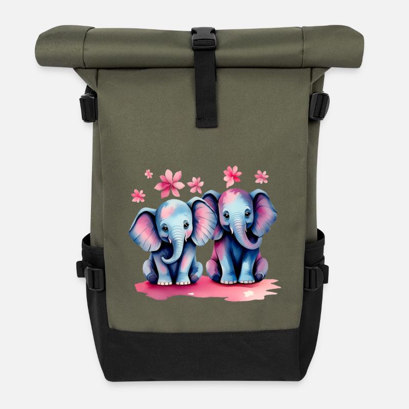 Pastellelefanten mit Blumen - Rolltop Rucksack - Olive/Schwarz