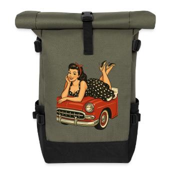 Rockabilly pin-up on vintage car in retro style - Roll Top Backpack - olive/black - Front
