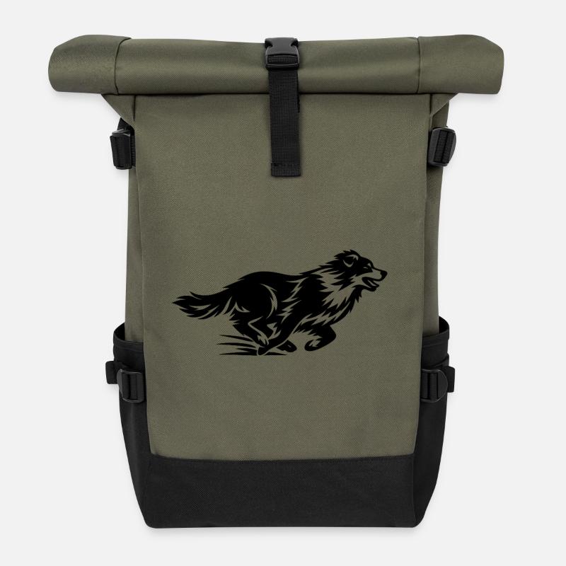 Laufender Border Collie Silhouette - Rolltop Rucksack - Olive/Schwarz
