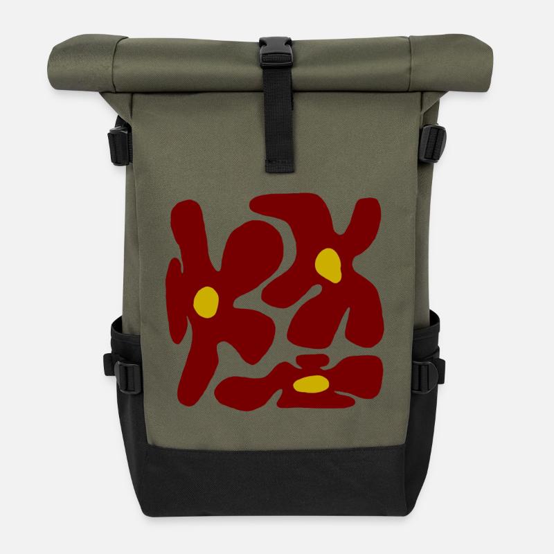 Rote Blumen Organisches transparentes Design -V2 - Rolltop Rucksack - Olive/Schwarz