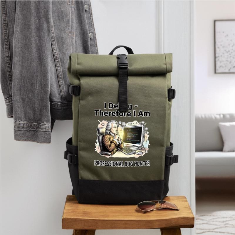 I Debug Therefore I Am: Pro Bug Hunter - dark BG Roll Top Backpack