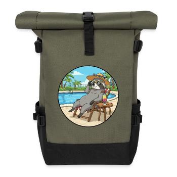 Sommer-Waschbär-Tier entspannt sich am Pool - Rolltop Rucksack - Olive/Schwarz - Vorne