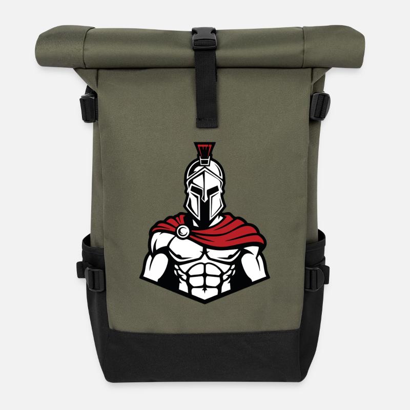 Spartan Muscular Frontal Logo Mascot Gym - Roll Top Backpack - olive/black