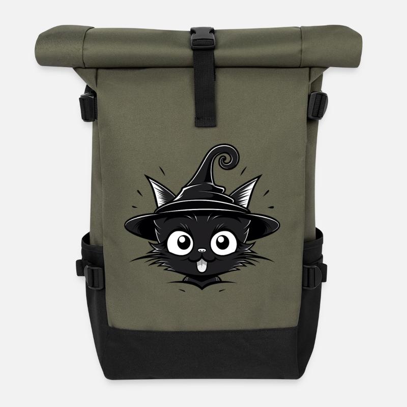Black Cat Sorceress with Witch Hat - Cat - Roll Top Backpack - olive/black