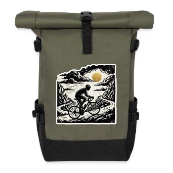 Radfahrer Brücke Holzschnitt Stil - Rolltop Rucksack - Olive/Schwarz - Vorne