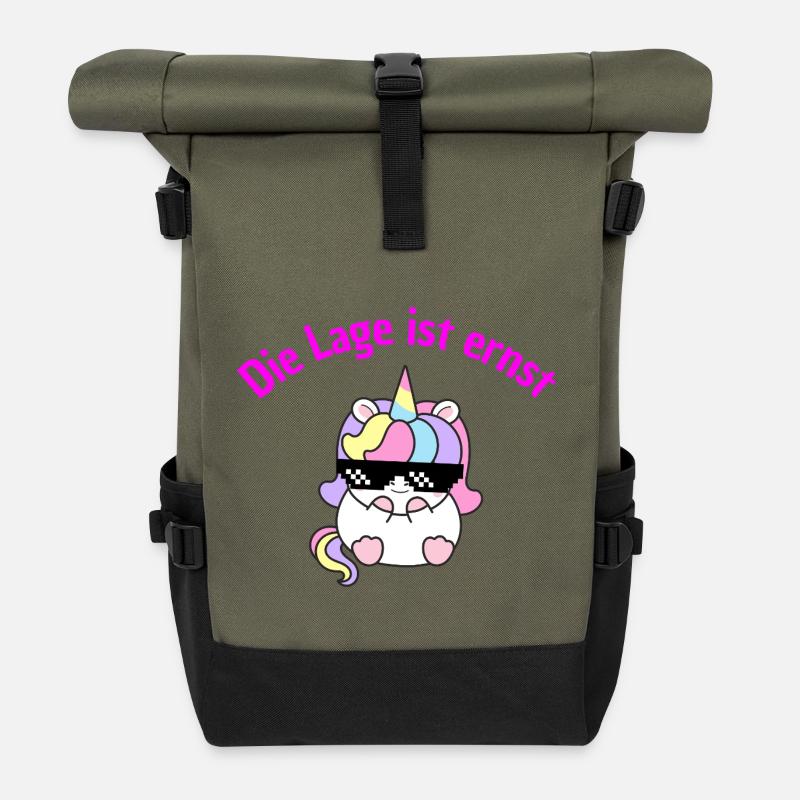 LAGE IST ERNST, COOLES EINHORN! LUSTIGER SPRUCH - Rolltop Rucksack - Olive/Schwarz