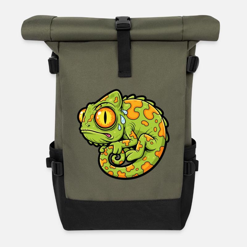Chameleon Stressed Funny Mascot Cartoon - Roll Top Backpack - olive/black